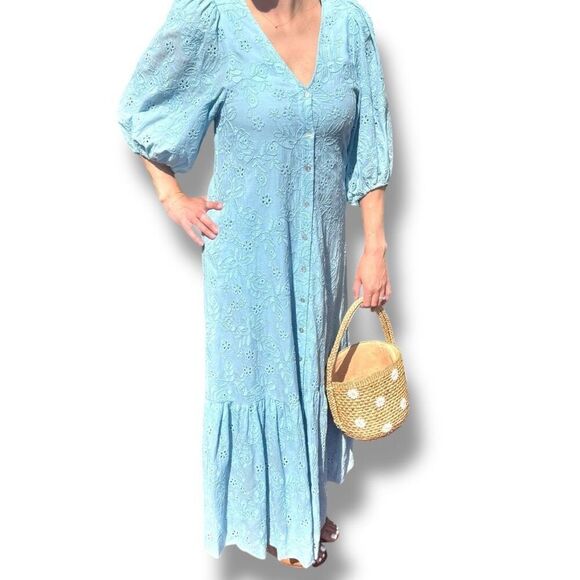 HALE BOB Gail Maxi Dress - Blue Floral Eyelet Women’s Size Small- Belt not incl - Picture 14 of 16